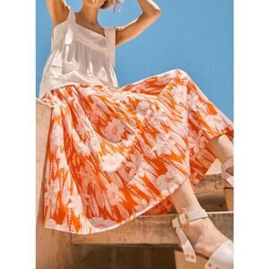 NWT Hunter Bell Fallon Midi Linen Skirt Scarlett Lei Orange White Sz12 US Women
